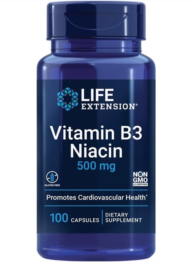 Vitamin B3 Niacin 500 mg – Niacin (Vitamin B3), Supports Heart Health, Promotes cellular energy production – Gluten-Free, Non-GMO – 100 Capsules