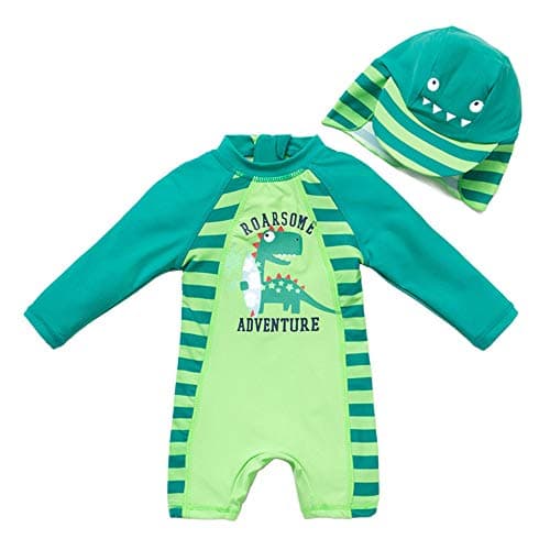 upandfast Kids One Piece Zip Sunsuit with Sun Hat UPF 50+ Sun Protection Baby Beach Swimsuit (Dinosaur, 24-36 Months)