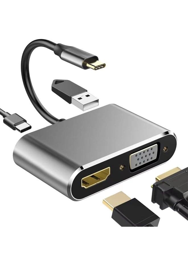 USB C to HDMI VGA Adapter, 4 in 1 USB C Multiport Hub Converter Thunderbolt 3 to HDMI 4K, VGA 1080P, USB 3.0, 100W PD Port for MacBook Pro/Air iPhone 16 15 Pro Max Dell XPS PC, etc