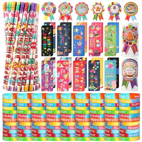 Kolewo4ever 500 Pieces Happy Birthday Gifts Set100 Pencils100 Bookmarks and 200 Badge Sticker for Birthday Party Supply