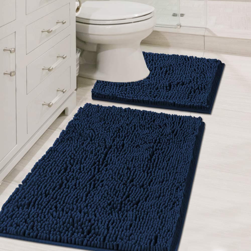 HVERSAILTEX Bath Mats Non Slip for Bathroom Rugs Soft Absorbent Shaggy MicrofiberMachineWashable Dry Fast Bedroom Area Rugs Perfect for Door Mat 32x 20 and 20 x 20 U Shape Navy
