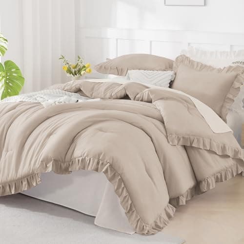 Andency California King Comforter Set Khaki (104x96Inch), 3 Pieces Cal King Ruffle Comforter, Oversized Farmhouse Shabby Chic Bed Comforter, Lighteweight and Soft Polyester Bedding Set