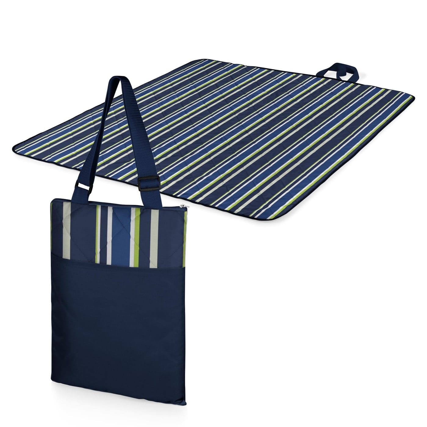 ONIVA a Picnic Time brand Vista Outdoor Picnic Blanket Tote Beach Blanket Camping Blanket Blue Stripe Pattern with Navy Blue Exterior
