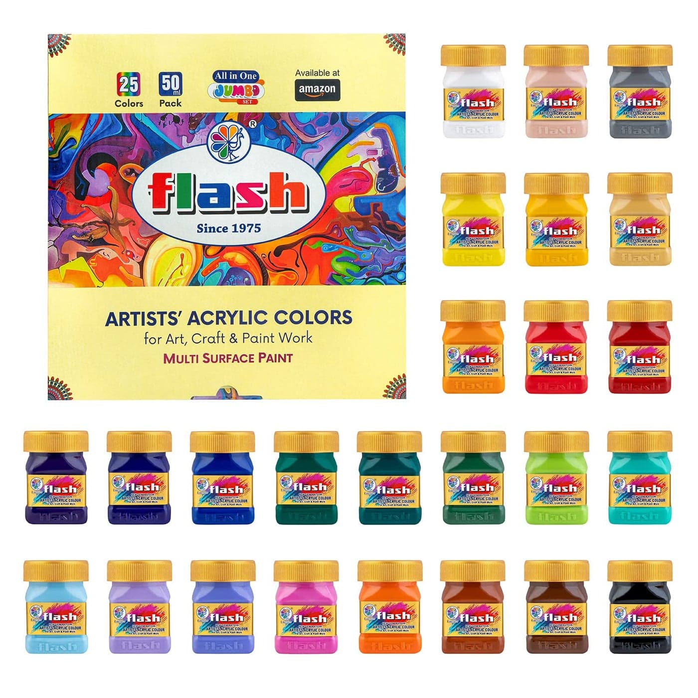Flash Acrylic Colour Set For Adults Kids Professionals-25 Acrylic Painting Colour Set of 50ml Each-High Pigment Strength Eco Friendly Non Fading Non Toxic Multi Surface Acrylic Paint (50 ml each, 25 Colours)