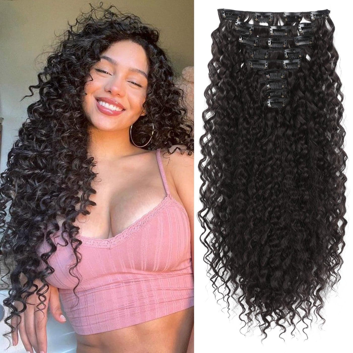 LONAI Hair Extension9PCS 22 Curly Clip in Hair Extensions LN002 Long Soft Thick Synthetic Hairpieces for Women Black Brown