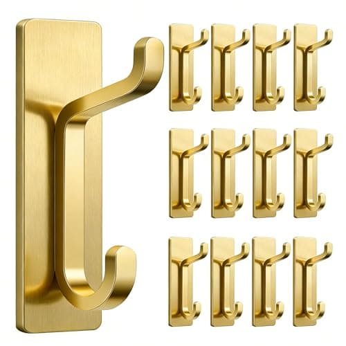 pickpiff 12 Pack Wall Hooks for Coat and Towel: 13LB Strong Adhesive Door Hanger Stick on, Brushed Gold