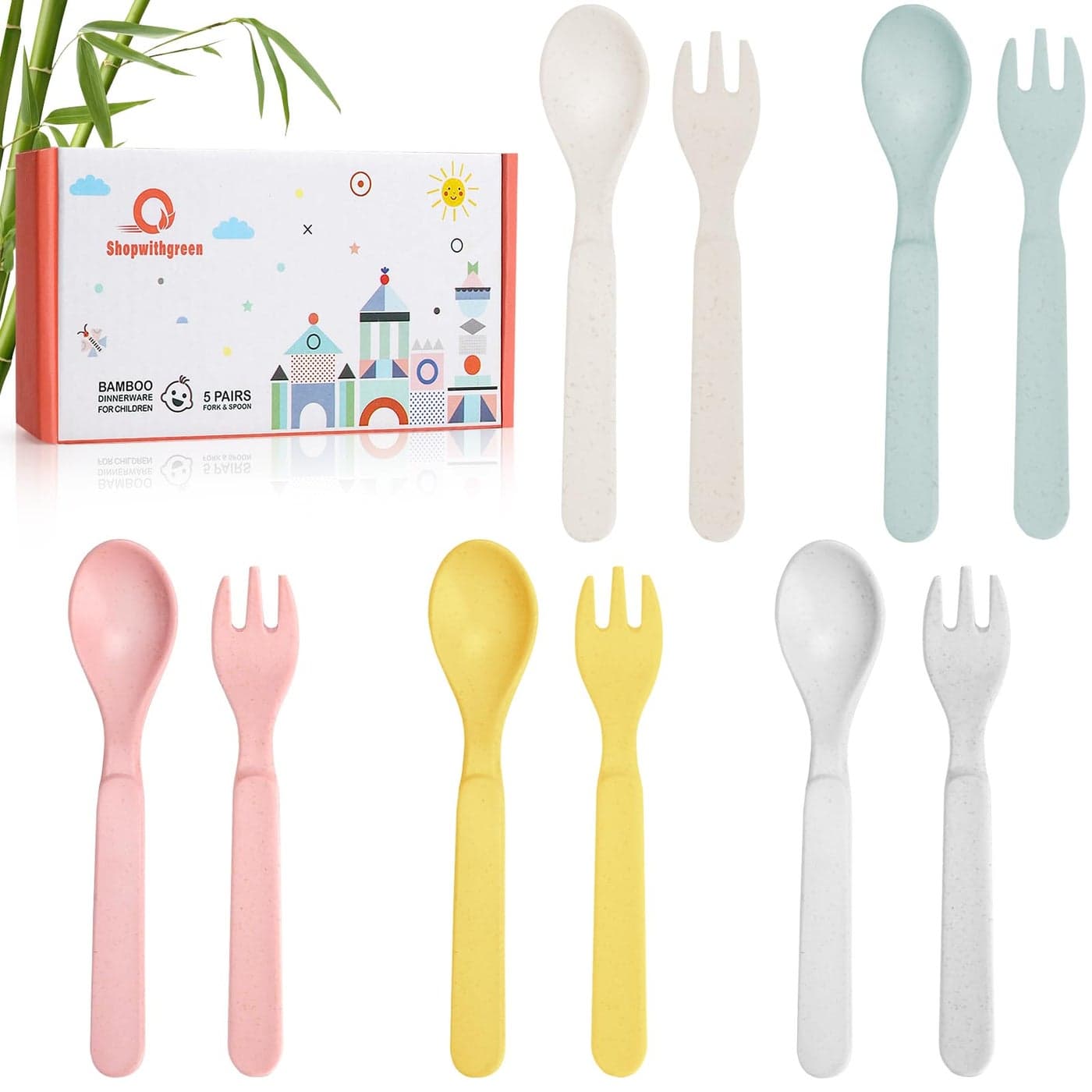 Shopwithgreen Bamboo Toddler Utensils Set Baby Kids Toddler Spoons and Forks Set BPA Free Reusable Cutlery Set Dishwasher Safe Child and Baby Self Feeding for Dinner Dessert Soup10 Pack