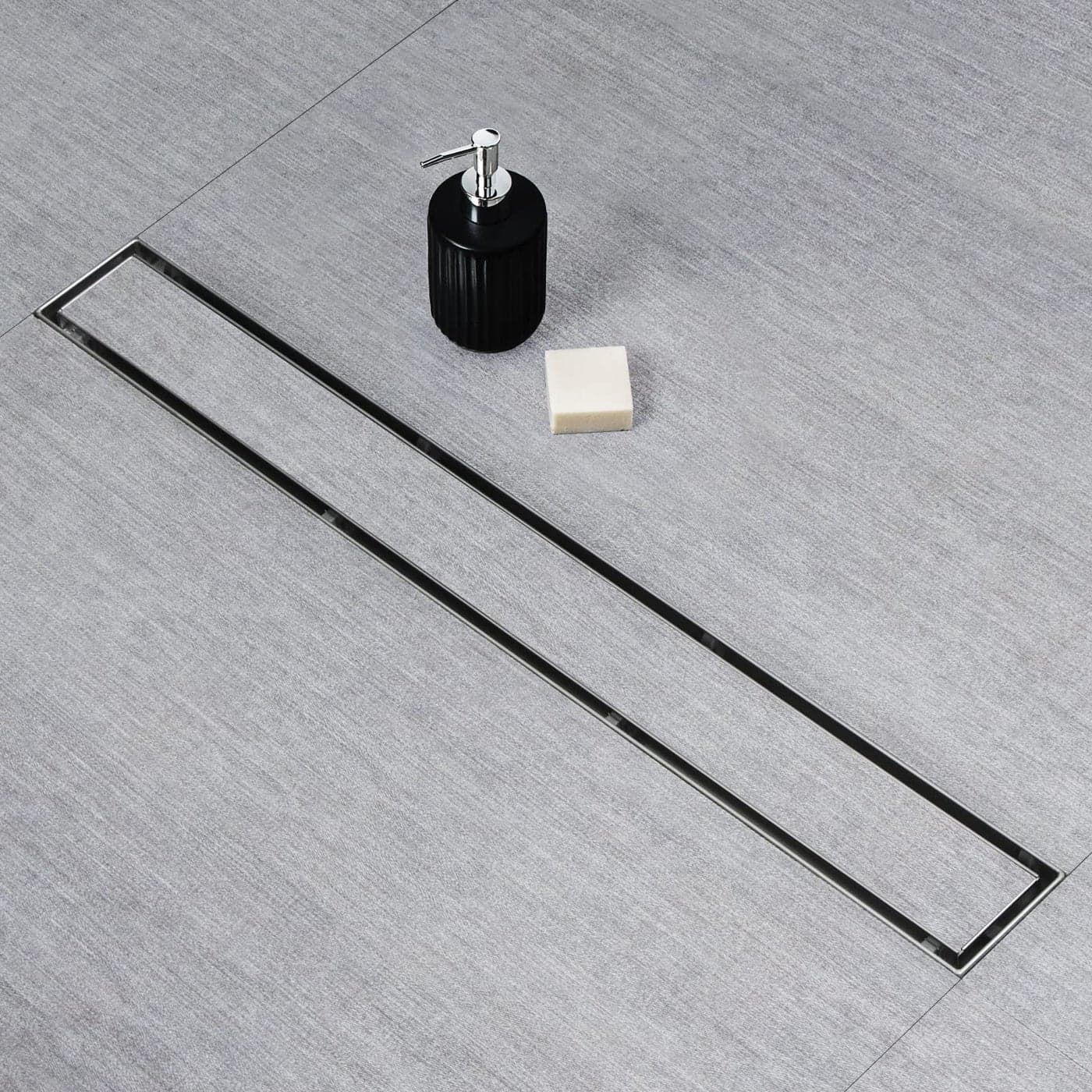 SaniteModar Linear Shower Drain Linear Drain 24 inch Invisible 2 in 1 Tile Insert and Flat Cover Brushed 304 Stainless Steel Shower Drain with Hair Strainer Adjustable Leveling Feet