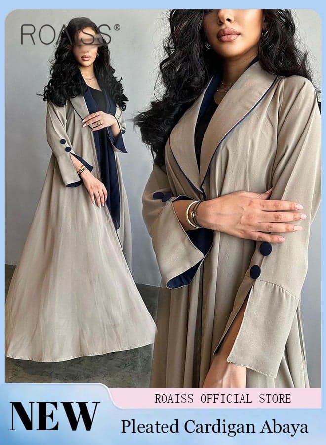 Fashionable Elegant Cardigan Abaya for Women Lapel Long Sleeve Back Pleated Muslim Cardigan Coat Women's Daily Commuting Formal Occasions Long Skirt Coat Beige