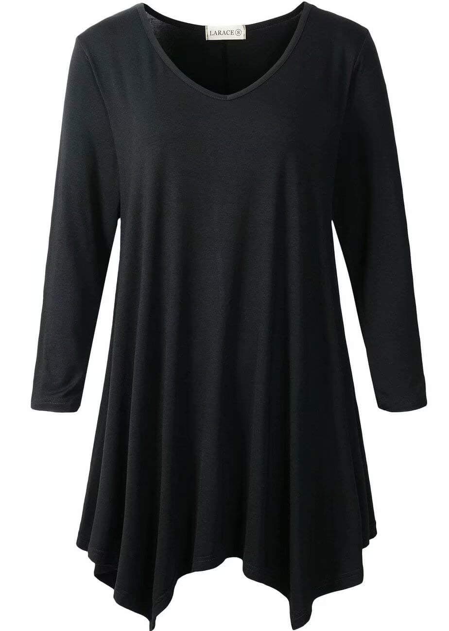 LARACE Plus Size Tops for Women Tunic Asymmetrical Dress Shirts 3/4 Sleeve V Neck Flowy Ladies Clothes for Leggings(Black 1X)