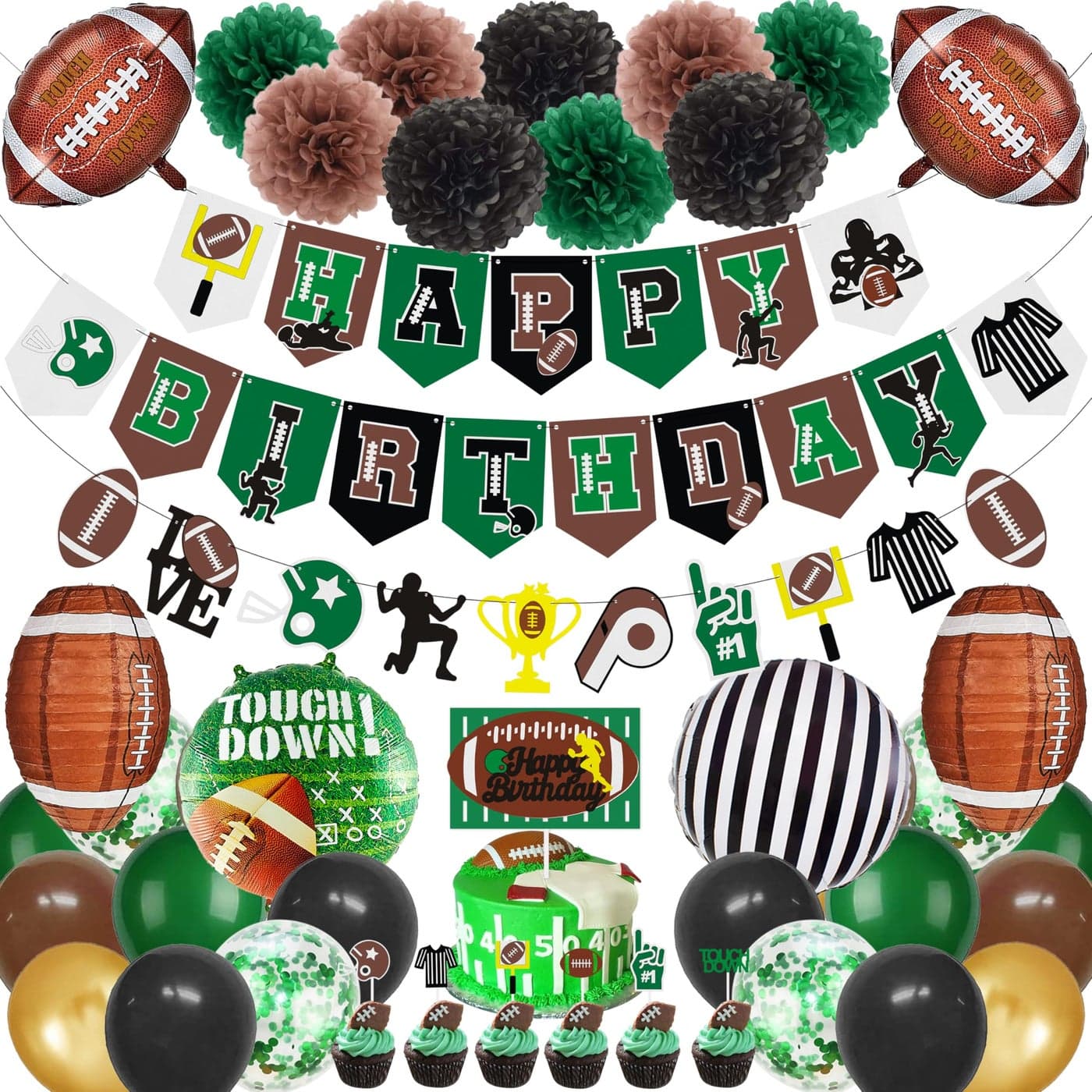 Superbowl Party Decorations Football Birthday Decorations Sports Party Supplies Set Birthday Banner Paper Pom Poms Cake Toppers Lanterns Balloons Football01