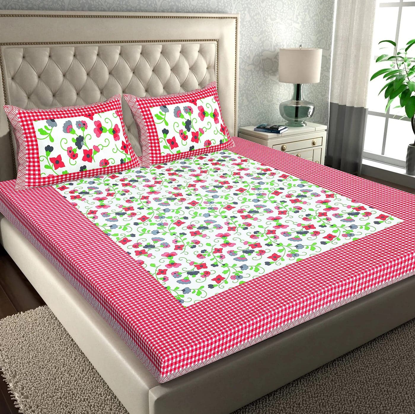 RajasthaniKart® Pure 100% Cotton Double Bed Sheet with 2 Pillow Covers (Bedsheet for Double Bed Cotton, Pink Flower Jaipuri, King Size,5195)