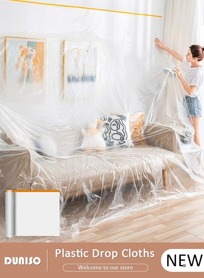 2.7M x 25M Tape and Drape, Plastic Drop Cloth Plastic Sheeting with Masking Tape,Waterproof Dust-Proof Protective Masking Film,Prevent Dust Paint Cover for Car,Furniture,Carpet,Floor,Bed