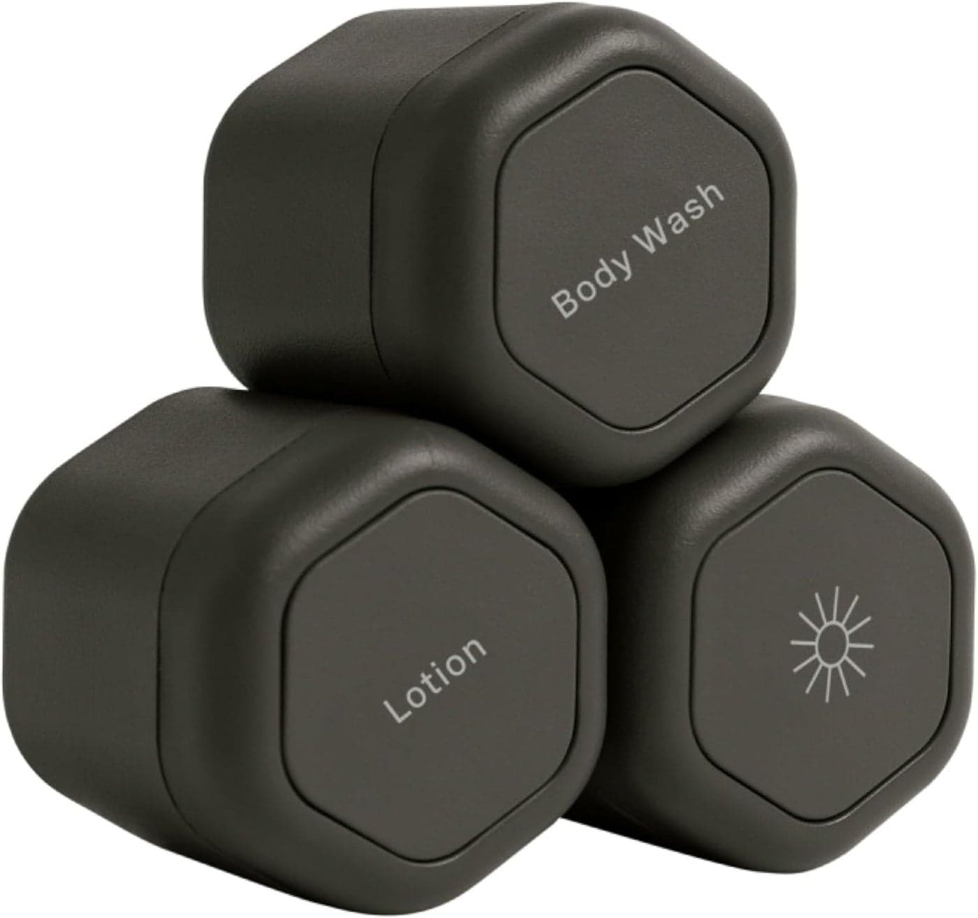 Cadence Travel Containers - Body Care Capsule Set - Magnetic Travel Capsules - For Wash, Lotions, Sunscreens - 3 Flex Mediums (1.32oz) with Body Wash, Lotion, & Sun Icon Labels - Charcoal