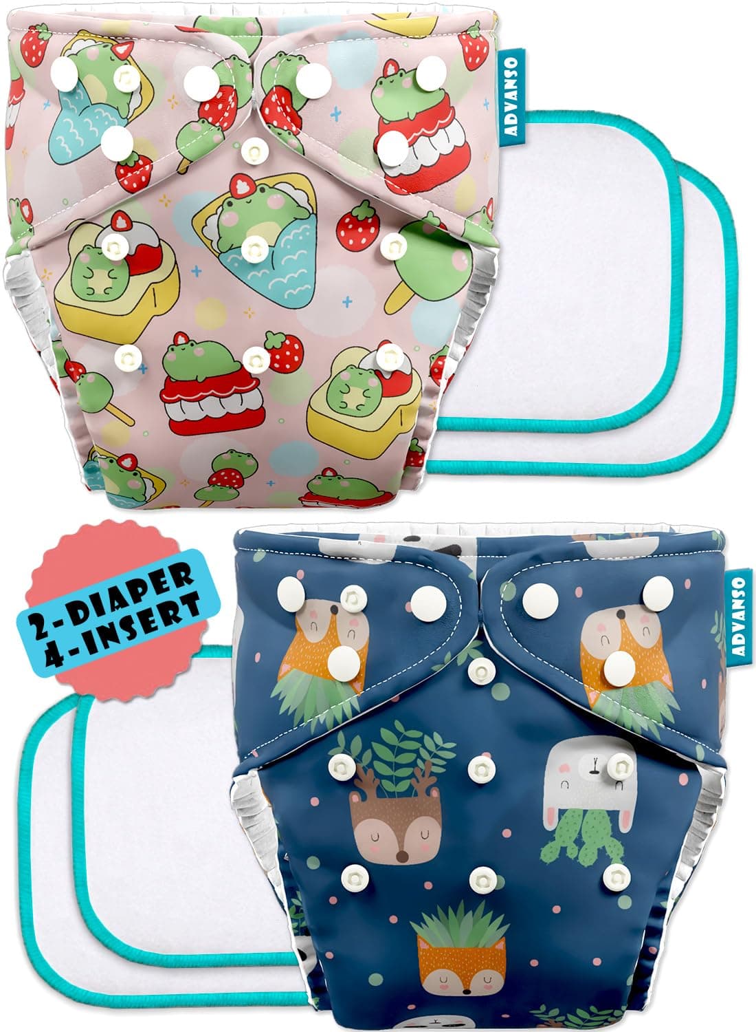 Advanso Leakage Proof cloth diapers for babies, high absorbent 2 reusable diaper 4 insert pad combo pack washable cloth diaper free size 5-18kg adjustable pocket cover P65
