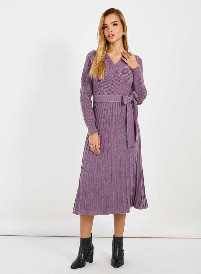 Textured Knit Sweater Midi Dress With Tie Belt