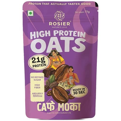 ROSIER High Protein Oats Cafe Mocha | 21g Protein Per Serving | Instant Healthy Breakfast with Cocoa, Coffee & Super Seeds | Fibre-Rich Oats | 6 x 77g Ready-to-Eat Pouches