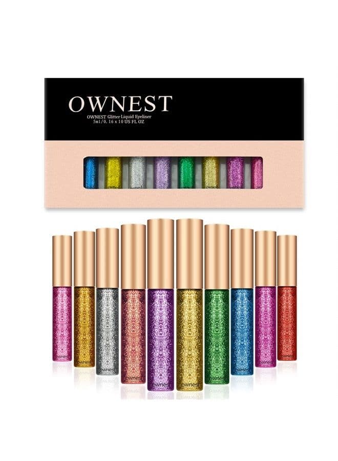 10 Colors Liquid Glitter Eyeliner, Metallic Shimmer Glitter Eyeshadow, Long Lasting Waterproof Shimmer Sparkling Eyeliner Eye Shadow-10pcs