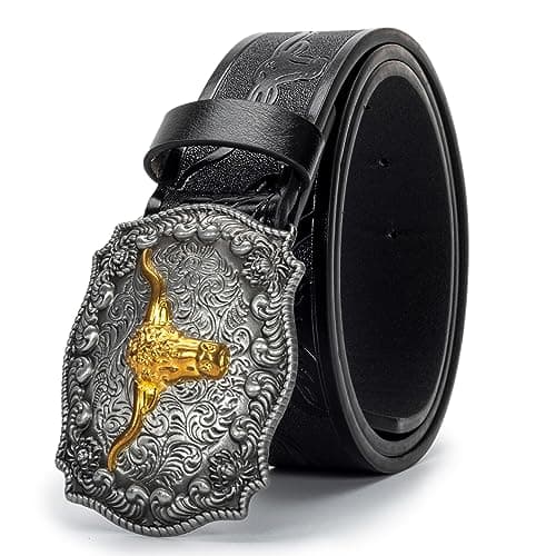 Eohak Western-Cowboy-Belts for Men Women Floral-Engraved-Belt with Longhorn-Bull-Head-Belt Buckle Suitable for Waist 29"-37"