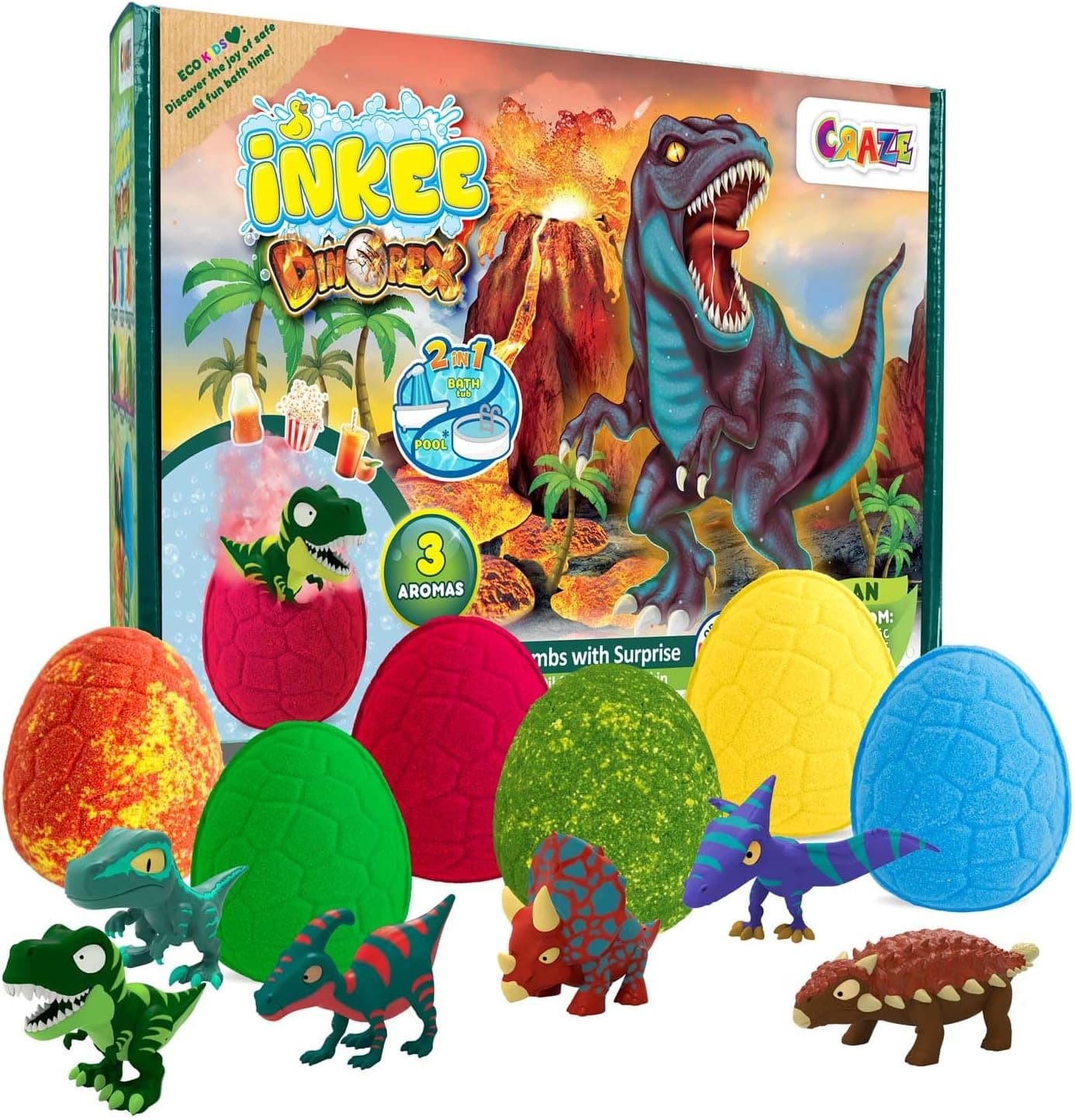 INKEE Dinosaur Bath Bombs Gift Set for Kids Age 3 6 Colourful Bath Bombs with Surprise Dino Toys Inside Fun Bath Time Toy and Creative Gift for Girls and Boys