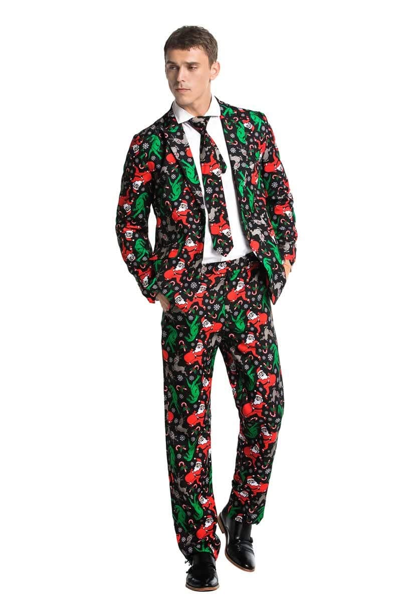 Men's Christmas Party Suit Funny Costume Novelty Xmas Jacket Trousers with Tie Dinosantasaurus Rudolph! Large