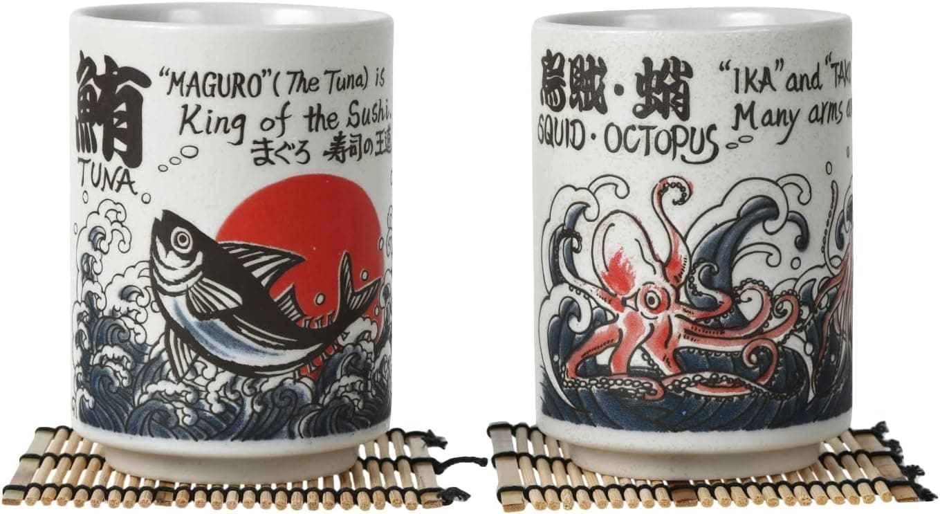 Japanese Tea Cups SushiYunomi Mino Ware With Bamboo Coaster Set of 2 SquidOctopus Tuna
