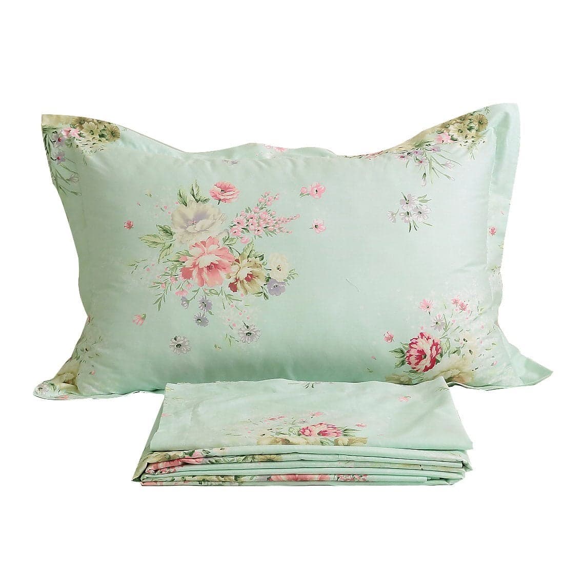 FADFAY Green Floral Bed Sheet Set Cotton Sheets 4Piece Queen Size