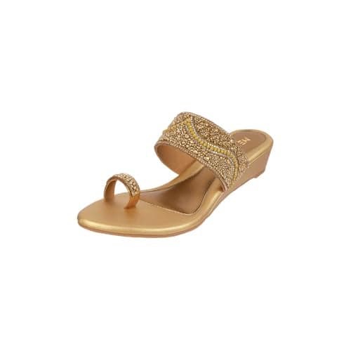 Metro Women Antique Gold Synthetic Embellished Ethnic Wedge Party Sandal UK/6 EU/39 (35-1634)