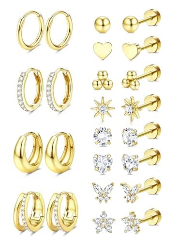 Jstyle Hypoallergenic 14k Gold Plated Stud Hoop Earrings for Women Surgical Stainless Steel Flat Back Earrings Small Stack Hoops Cartilage Earring Set for Multiple Piercing Jewelry Gifts for Women C