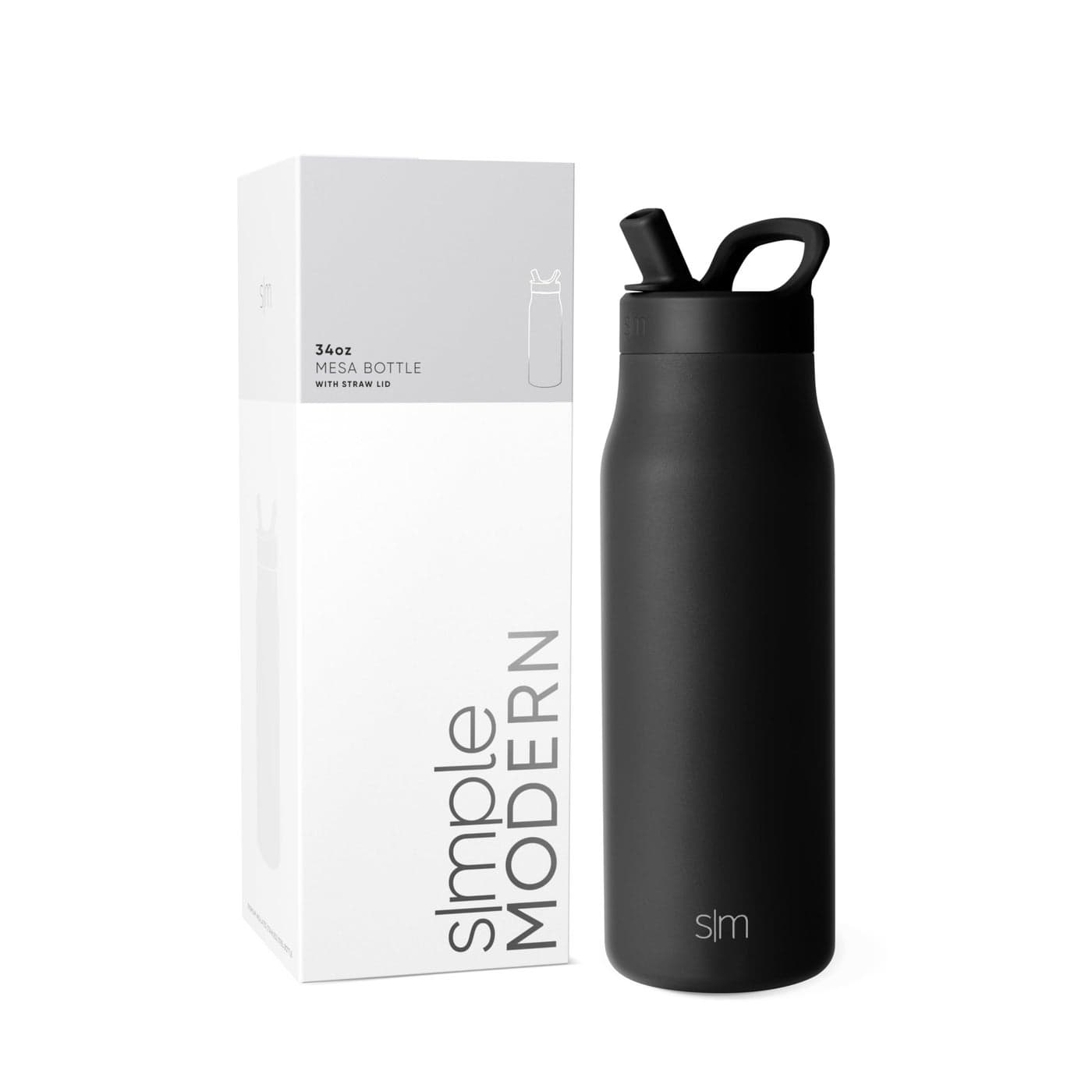 Simple Modern Water Bottle with Straw lid Insulated Stainless Steel Thermos Reusable Travel Water Bottles for Gym Sports Leak Proof BPA Free 34oz Midnight Black