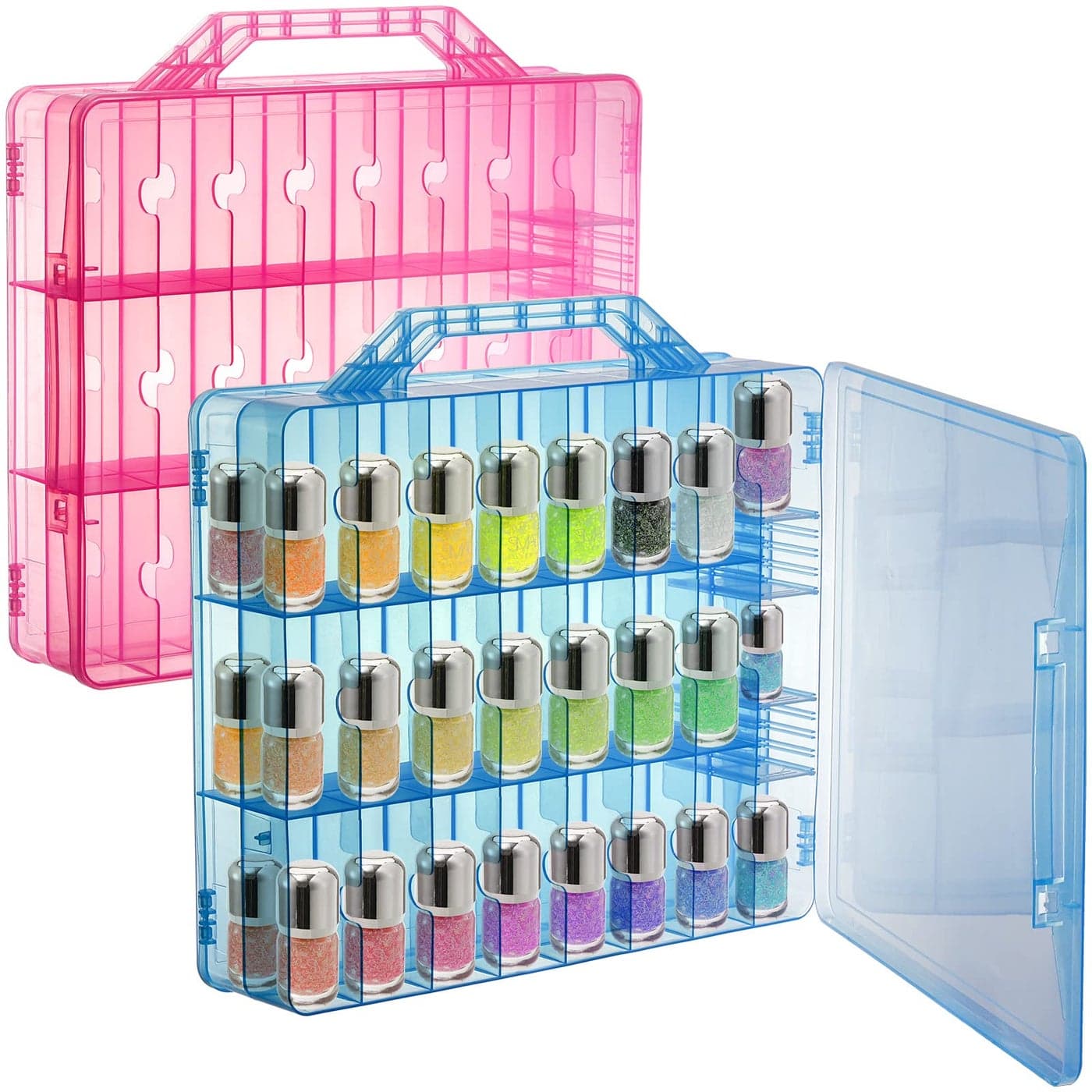 Foraineam 2 Pack Double Side Nail Polish Organizer Transparent Nail Tools Holder Box Portable Universal Nail Polish Carrying Case with 8 Adjustable Dividers for Storage Display