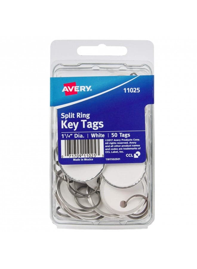 AVERY Metal Rim Key Tags, 1.25" Diameter Tag, Metal Split Ring, White, 50 Tags (11025)