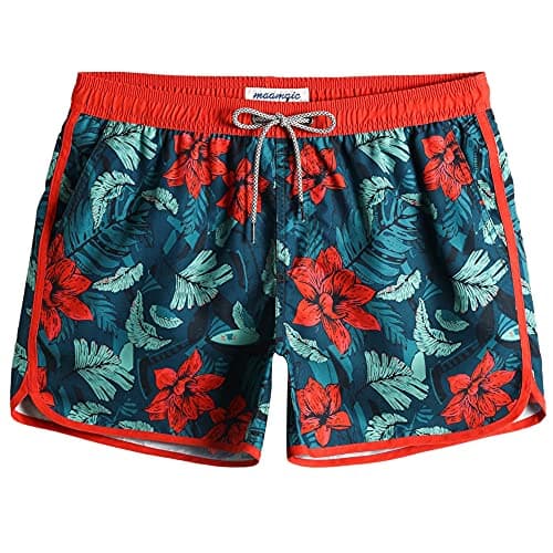maamgic Mens Short 80s 90s Vintage Swim Trunks with Mesh Lining Quick Dry Bathing Suit Board Shorts Flower Dark Green Small