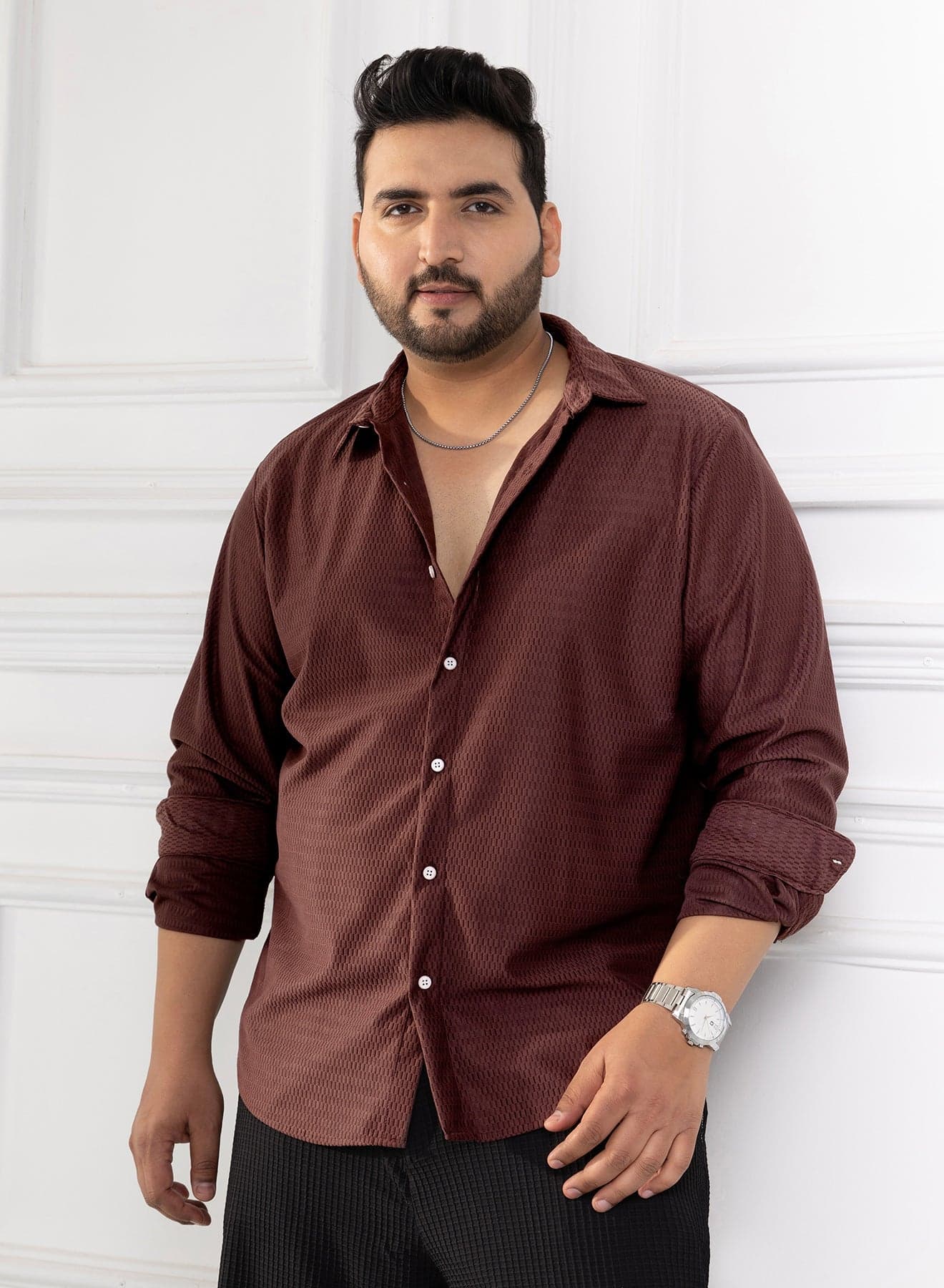 Instafab Plus Men's Chocolate Brown Solid Honeycomb Shirt For Casual Wear | Spread Collar | Long Cuffed Sleeves | Button Closure | Plus Size Shirt Crafted With Comfort Fit For Everyday Wear