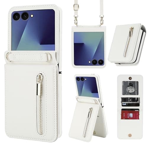 XIMAND for Samsung Galaxy Z Flip 7 Luxury Zipper Wallet Phone Case MultiFunction Kickstand Card Holder Adjustable Crossbody Strap Fashion Flip CaseWhite