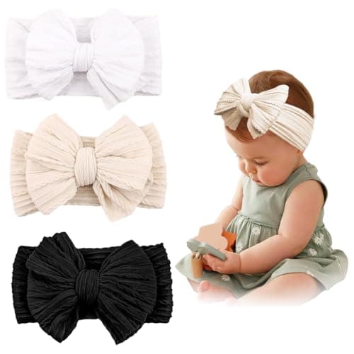 SNOWIE SOFT® 3Pcs Hair Bands for Baby Girls 0-24 Months,3-Color Nylon Turban Knotted Pink Bow Baby Girl Hair Bands,Super Soft and Stretchy Headbands for Girl