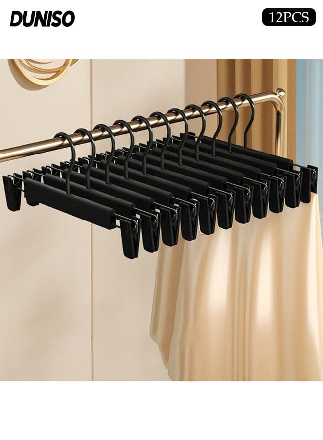 12 Pcs Pants Hangers with Clips,Adjustable Clip Hangers,Space-Saving Clothes Pants Holders with 360 ° Swivel Hooks,for Shorts Bottom Jeans Trouser Leggings Skirts,Black
