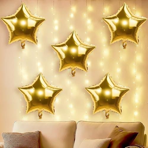 Party Propz Golden Star Foil Balloons For Birthday Decoration - Set of 5 Pcs (18 Inches) Star Balloons | Golden Balloons | Gold Foil Balloons | Birthday Decoration Items