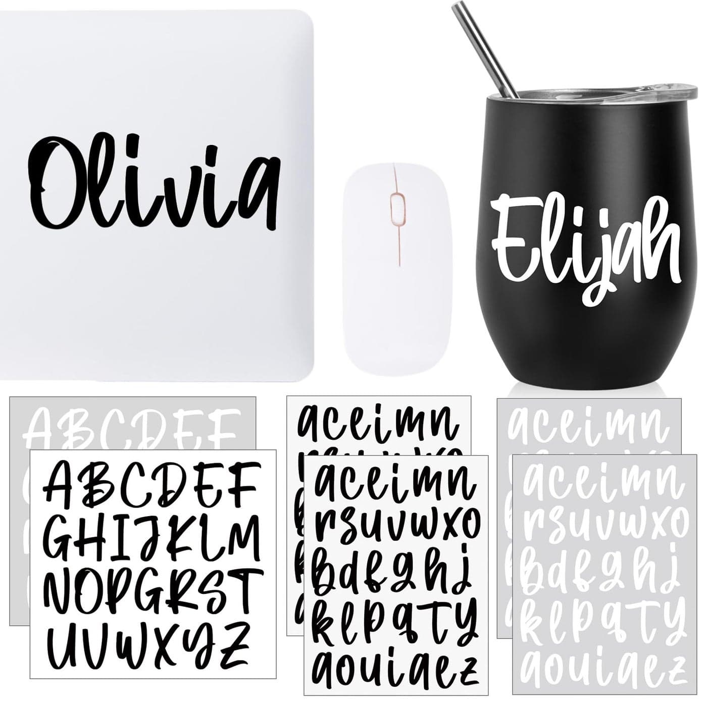 Humyoun 6 Pcs UV DTF Cup Wrap Letters Custom Transfer Letter Stickers Personalized Vinyl Name Decal for Glass Cups Tumbler Laptop Water Bottle Car Notebooks Window DIY Crafts BlackWhite
