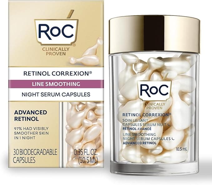 RoC Retinol Correxion Line Smoothing Night Serum Capsules Daily AntiWrinkle AntiAging Treatment Visibly Reduces Fine Lines Wrinkles Overnight Skincare 30 Capsules
