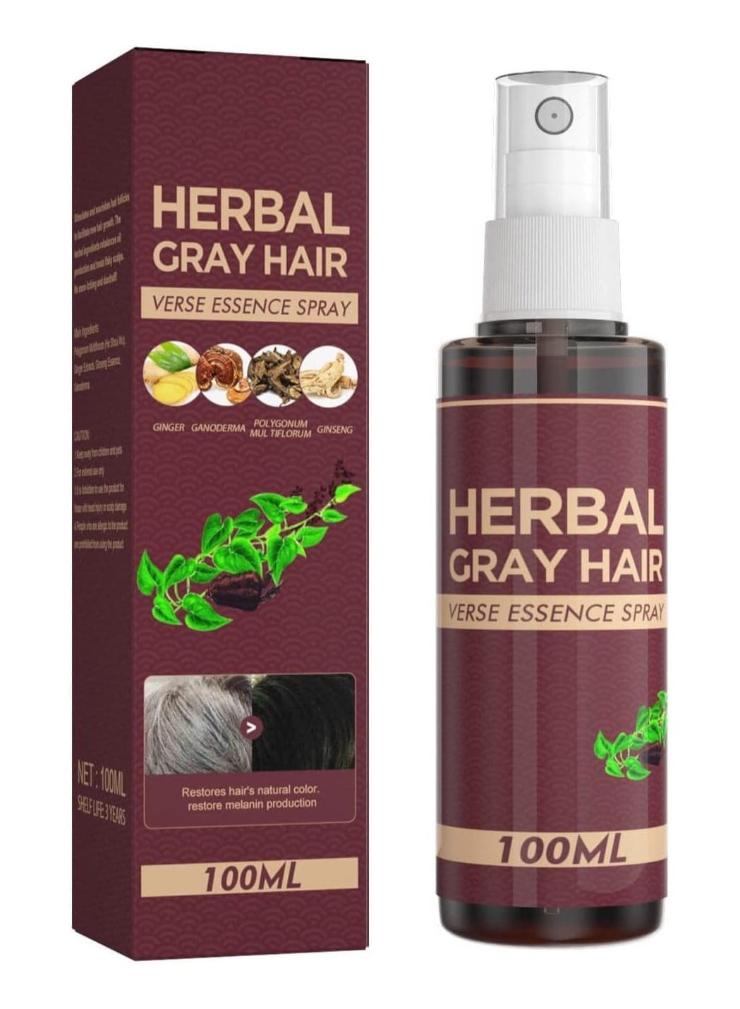 Herbal Anti-Gray Hair Spray 100ML - Herbal Treatment Growth Essence Spray Tonic | for Black Hair Restoration, Anti-Hair Loss