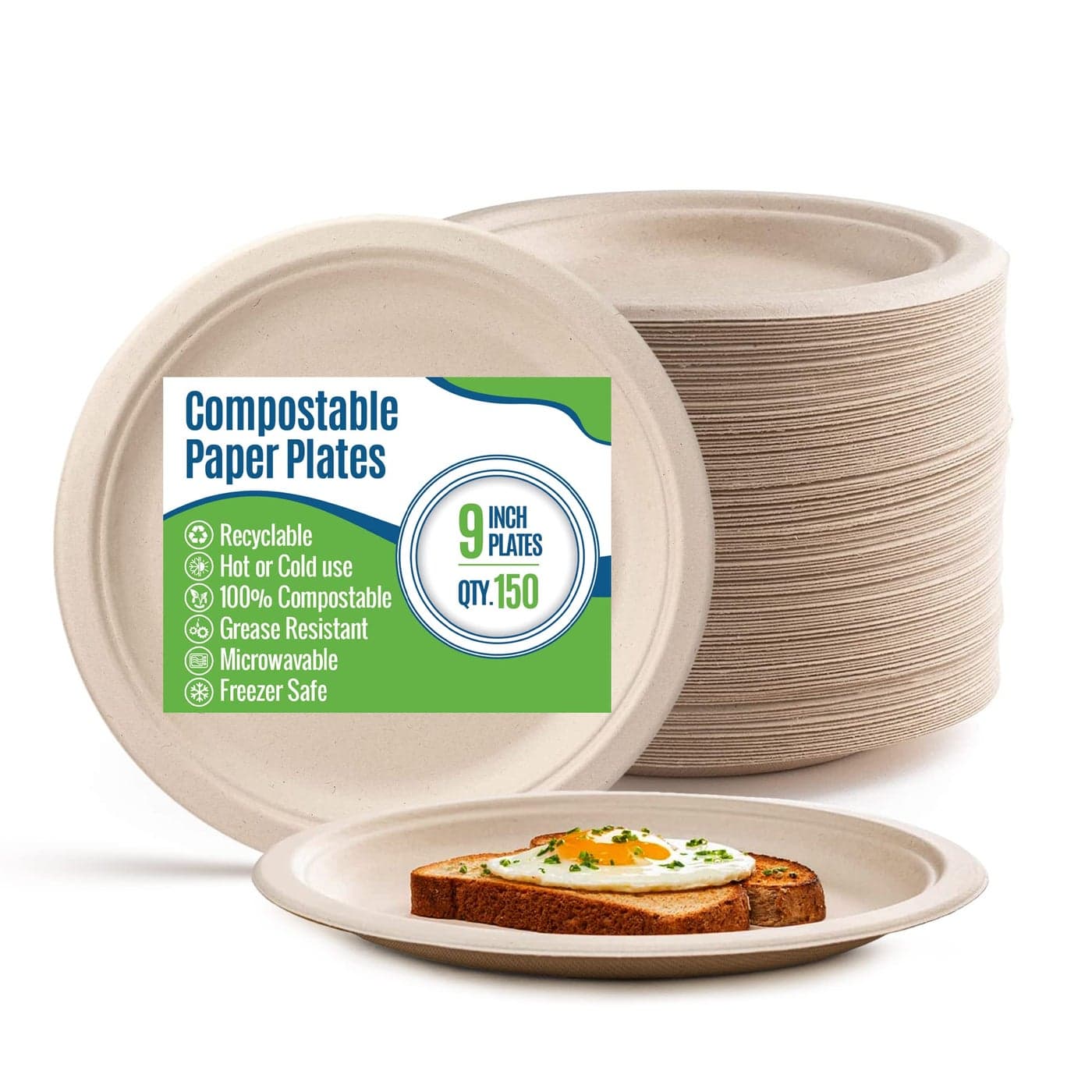 Paper Plates 9 Inch 150 Count Brown HeavyDuty Microwavable Hot Cold Sturdy Grease Resistant EcoFriendly Food Grade Sugar Cane Fiber