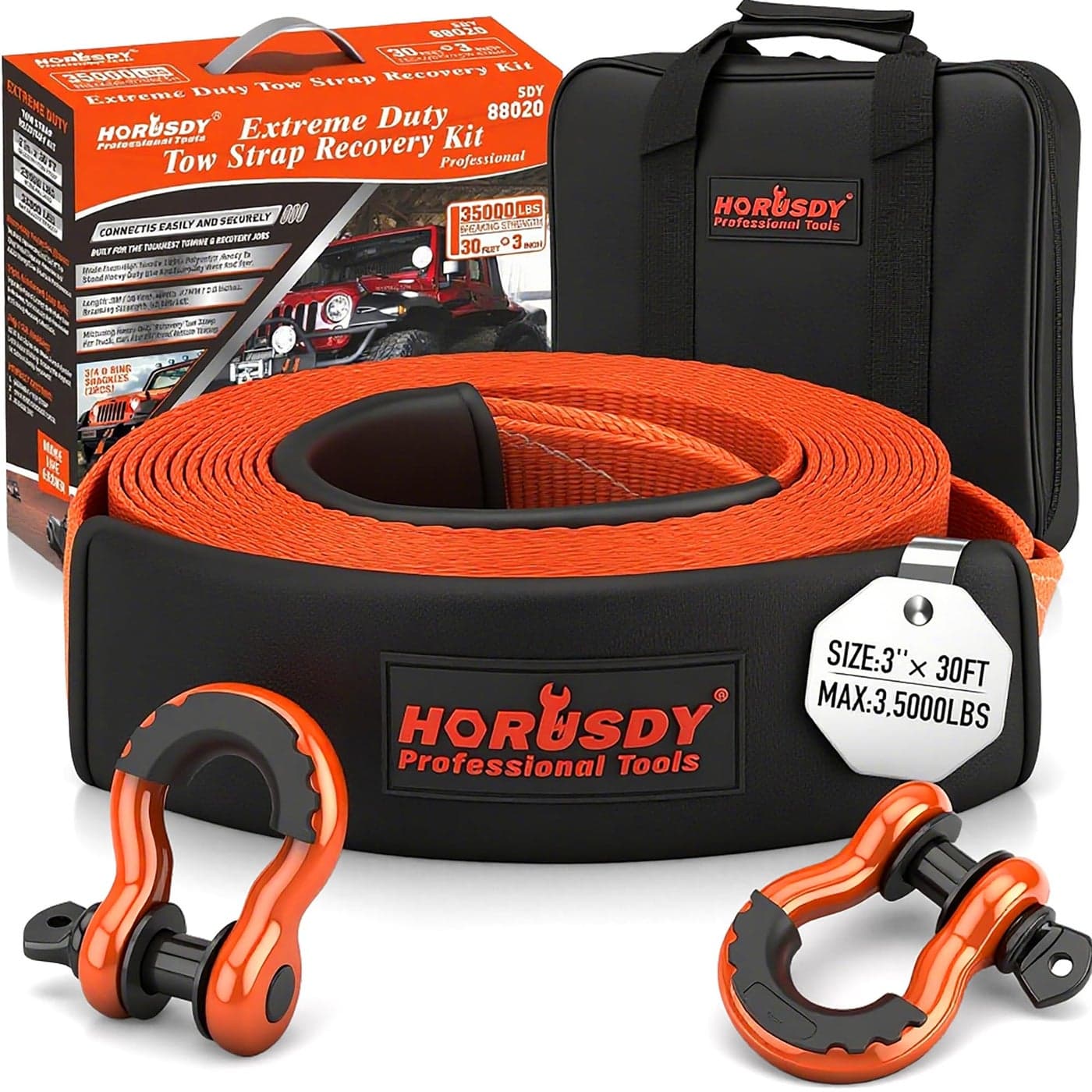 HORUSDY Nylon Heavy Duty Tow Strap Recovery Strap with Hooks 3 x 30Ft 35000 LBS Break Strength 34 D Ring Shackles 2pcs Recover Your Vehicle Stuck in MudSnow