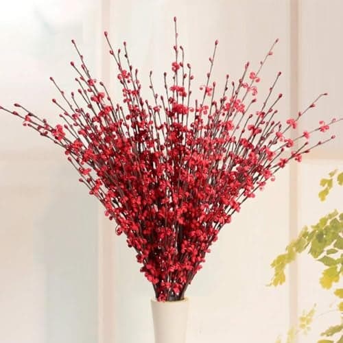 TIED RIBBONS Pack of 5 Jasmine Artificial Flowers Bunch Stem with Mini Berry for Vase Pot Home Decoration (Red) for Home Office Wedding Party Decoration (Vase not Included)