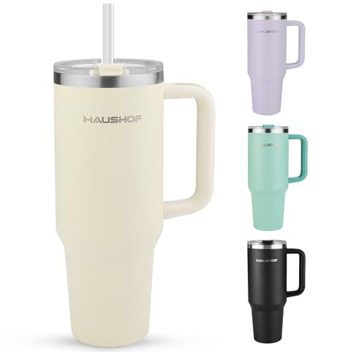 HAUSHOF 40 oz Tumbler with Handle and Straw Insulated Stainless Steel Coffee Tumbler with Tritan Lid Double Walled Travel Mug Water Bottle Cup Large Tumbler for Hot and Cold Drinks