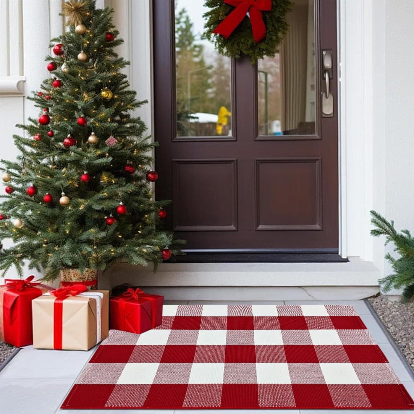 USTIDE Buffalo Check Plaid Doormat Red and White 2x3Hand Woven Cotton Plaid Rugs Farmhouse Layered Door Perfect for Front Door Porch Outdoor Rug