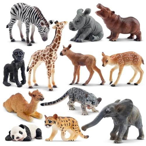 Toymany 12PCS Forest Animals Baby Figurines Realistic Woodland Animals Figures Toys Includes Elephant Mountain Lion Giraffe and Deer Cubs Cake Toppers Christmas Birthday Gift for Kids Toddlers
