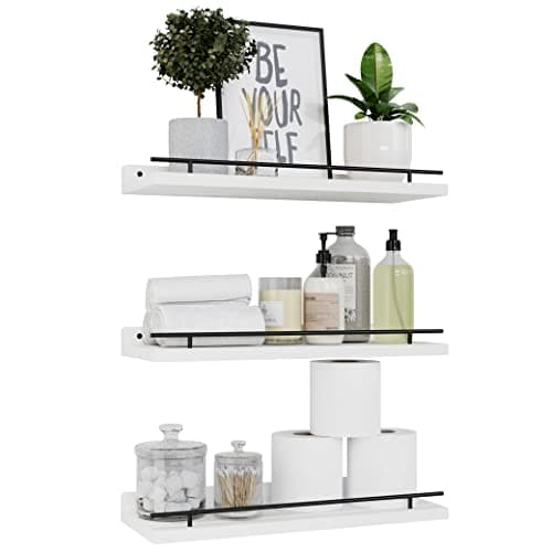 WOPITUES Floating Shelves with Black Metal Guardrail Shelves for Wall Decor Set of 3 Wall Shelves for Bedroom Bathroom Kitchen Living Room Plants Picture Frames Art Black and White