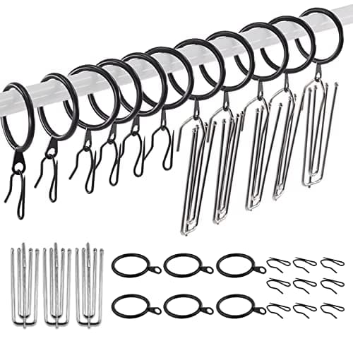 Swpeet 120Pcs Black 135 Inch 30mm Metal Drapery Curtain Rings Curtain Hanging Rings and Stainless Steel 4 Prongs Pinch Pleat Hook with Drapery Curtain Pinon Hooks Pins for Window Shower Curtain