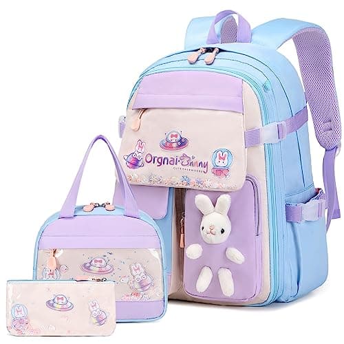 FIXITOK Girls Backpack Set, 3PCS Kids Backpacks for Girl, Cute Bunny School Backpack for Girls Kids Teen Kindergarten Elementary Preschool Middle School Bags with Lunch Box Pencil Case Blue